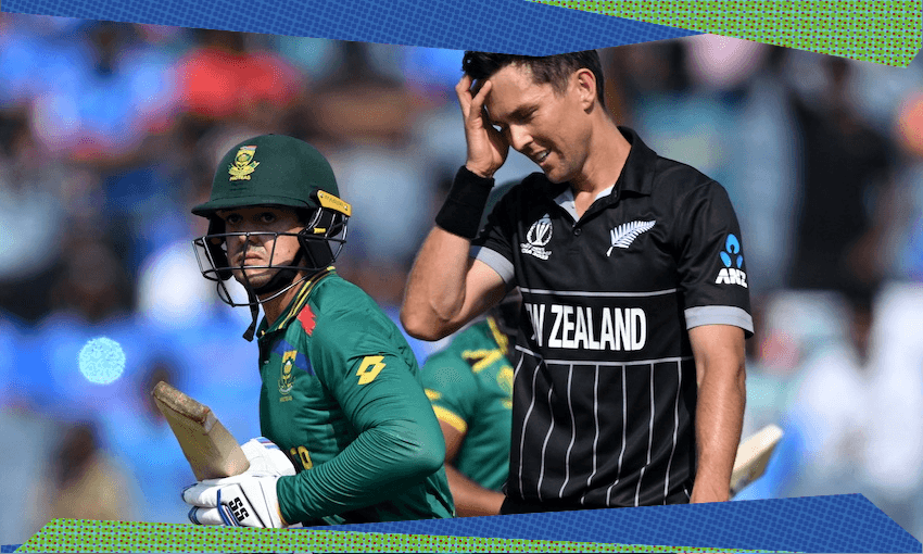 South Africa’s Quinton de Kock and the Black Caps’ Trent Boult at the 2023 Cricket World Cup (an event that does, arguably, still matter) (Photo: INDRANIL MUKHERJEE/AFP via Getty Images) 
