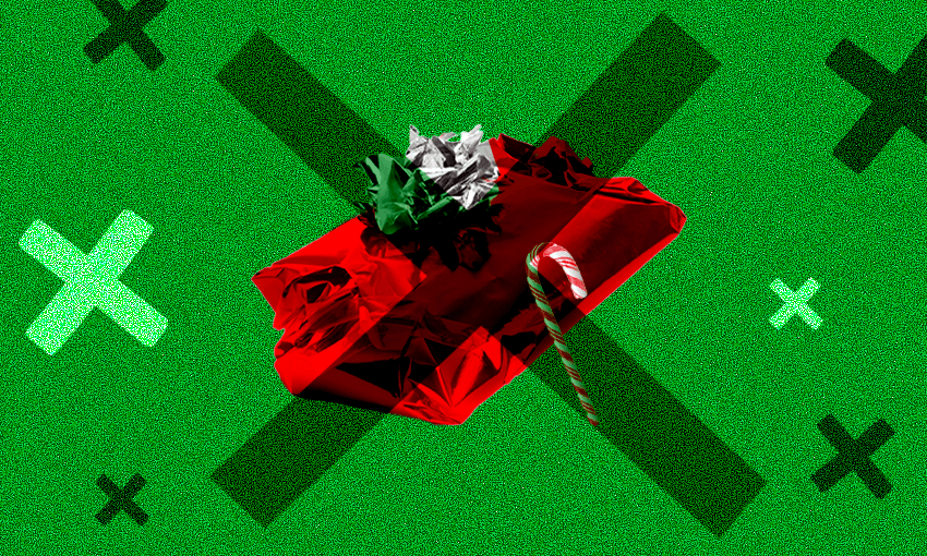 a grean background with a red present with a big x over it