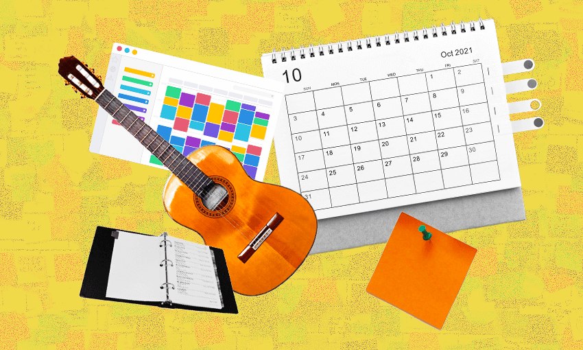 sticky notes, a guitar and a calendar