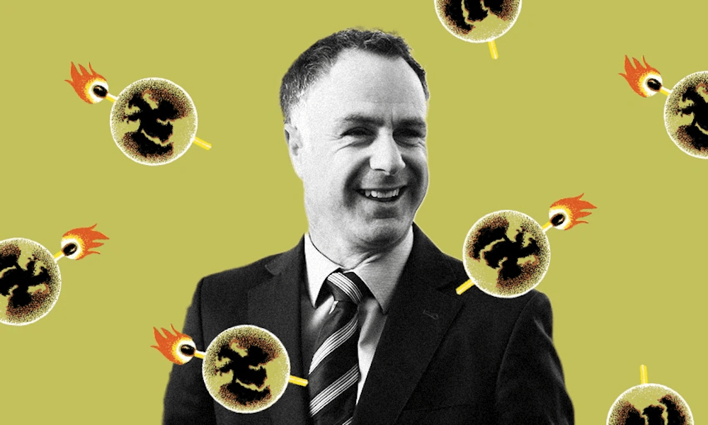 a green background, a white man in a striped tie smiling with icons of a glob with a match lit behind it sprinkled around his face