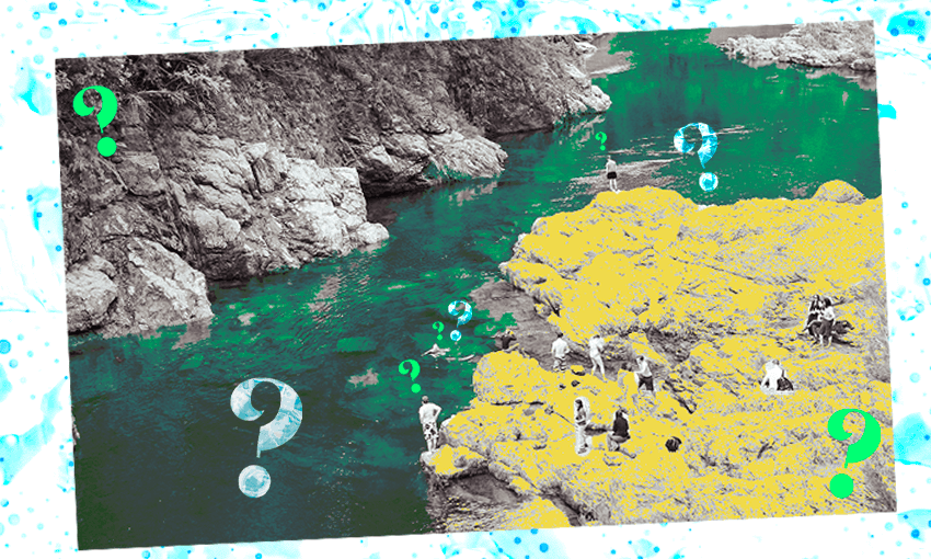 a river with people standing on rocks looking in with lots of questionmarks and a sort of green and yellow wash over the images with slightly threatening overtones