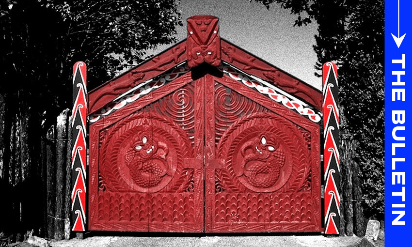 The famous red gates of Turangawaewae Marae. (Photo: Jeff Evans. Additional design: Archi Banal) 
