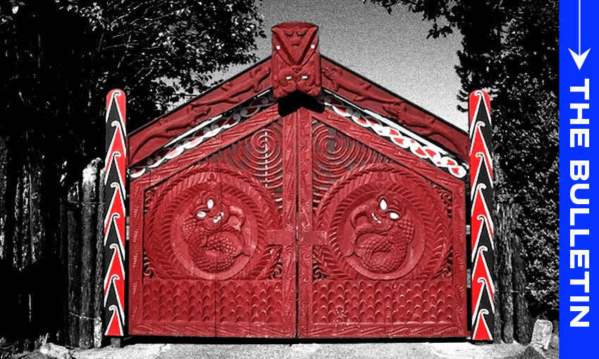 The famous red gates of Turangawaewae Marae. (Photo: Jeff Evans. Additional design: Archi Banal)