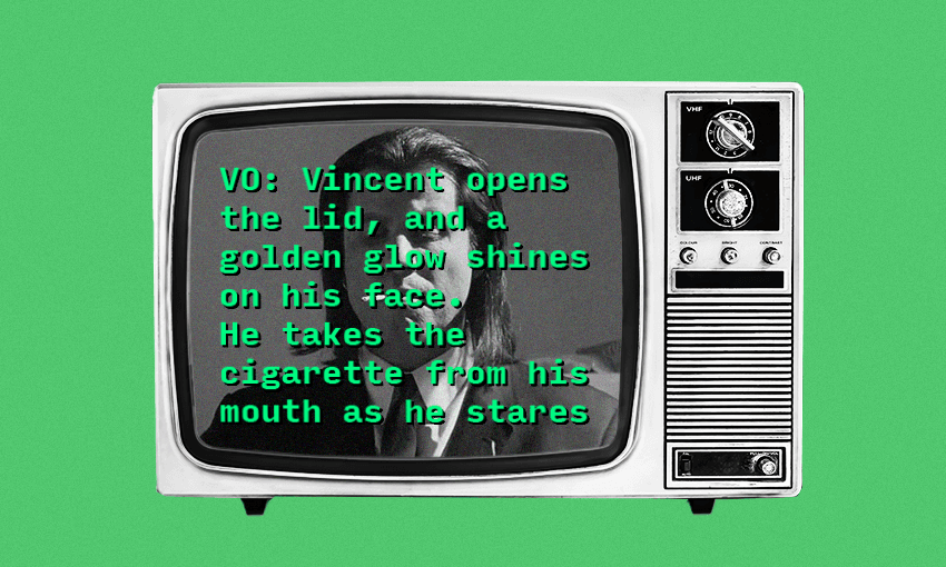 TV screen with audio description script playing on it.