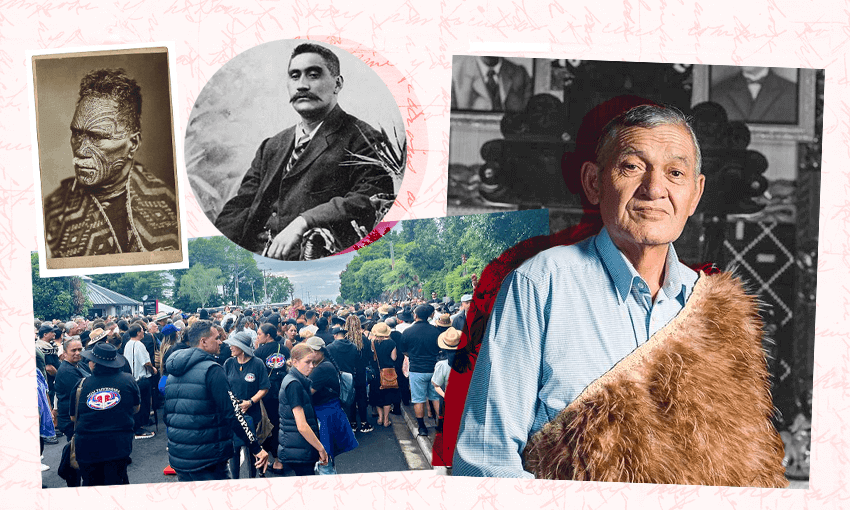 The Kiingitanga, yesterday and today: From top left, Kiingi Matutaera Tāwhiao, Kiingi Mahuta Tāwhiao, current Kiingi Tūheitia, and crowds at Saturday’s hui aa Motu (Image: Tina Tiller) 
