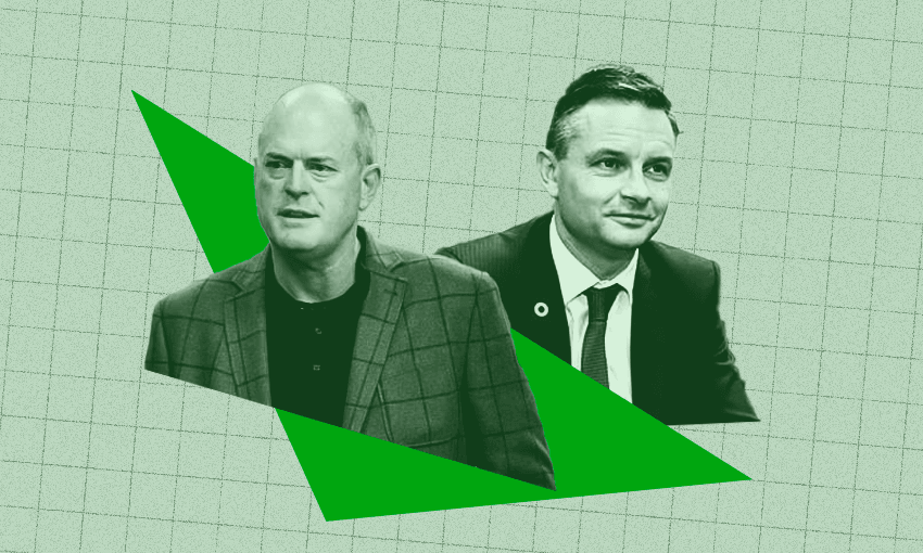 Former National leader Todd Muller and departing Greens co-leader James Shaw (Photos: Getty Images, Design: Tina Tiller) 
