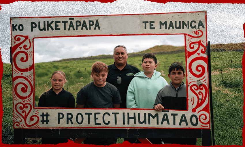 Rāwiri Tinirau and members of Te Morehu Whenua’s research team (Photo: Nadine Anne Hura, additional design Tina Tiller) 
