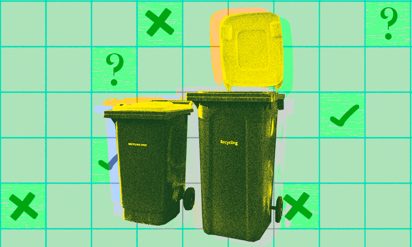 a green background with two recycling bins