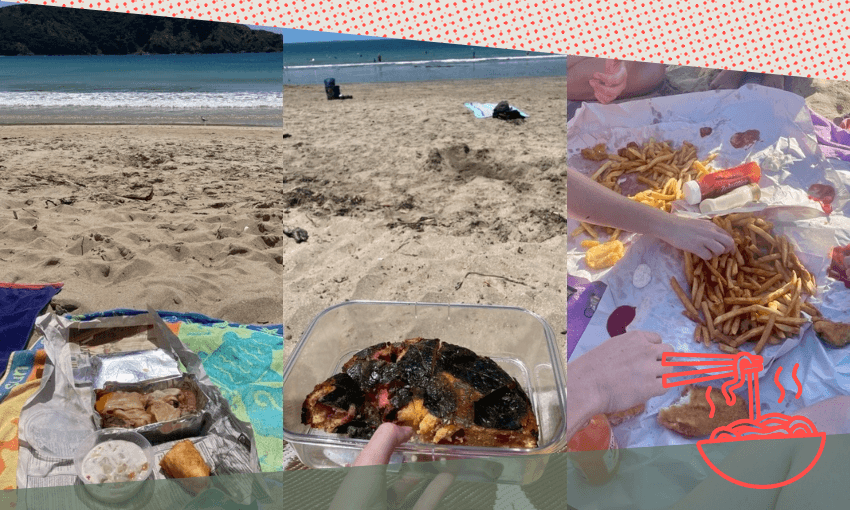 From left, hāngī, fry bread and ika on the beach at Whatuwhiwhi, fig leaf plum torte and fish and chips on the sand at Takapuna (Photos: Lucinda Bennett) 
