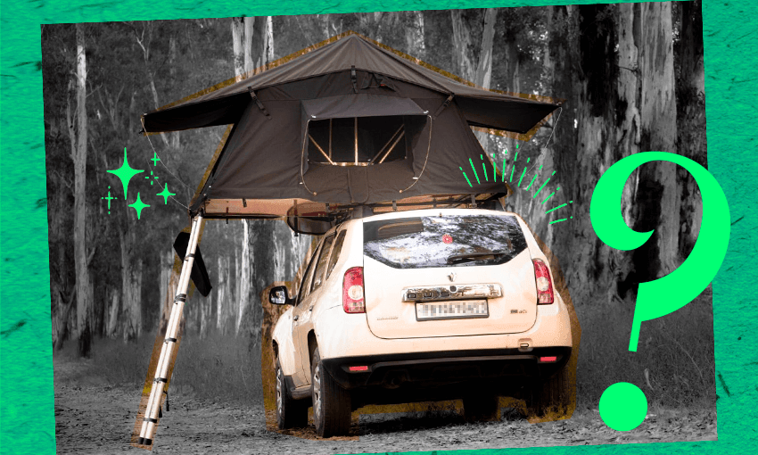 a picture of a car with a rooftop tent and some big question marks