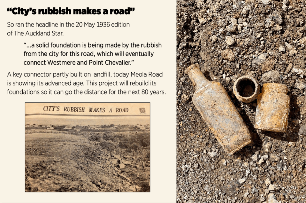 An Auckland Transport brochure explaining the road's necessary rebuild, and a photo of two items recently uncovered from the old dump.