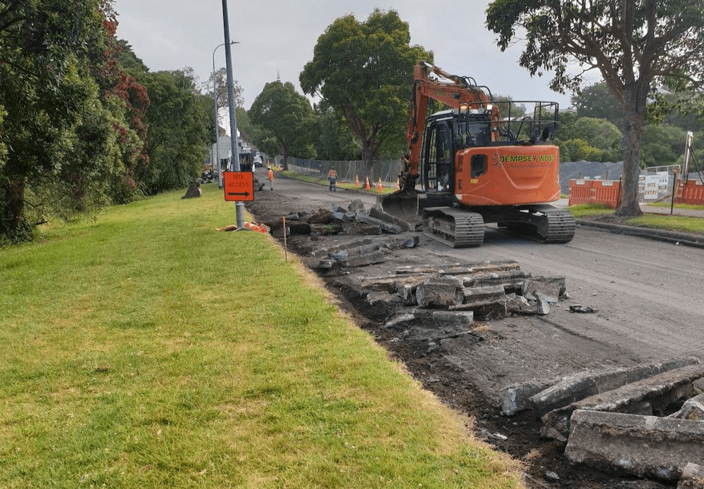 A photo showing Meola Road under construction with heavy machinery.