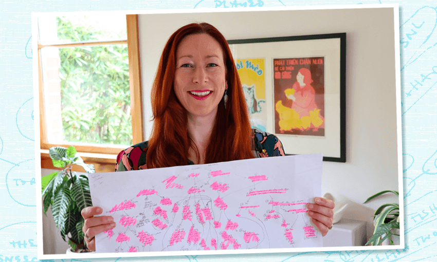 Kathryn van Beek with the plan for her choose-your-own adventure story for adults. (Photo: Supplied / Additional design: Tina Tiller) 
