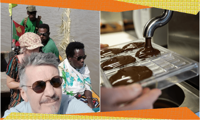 Mike Renfree on the Sepik River in Papua New Guinea; Raglan Chocolate being made (Photos: Supplied) 
