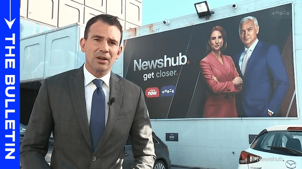 Michael Morrah reports from outside Three’s Auckland offices during last night’s 6pm news on Newshub. 
