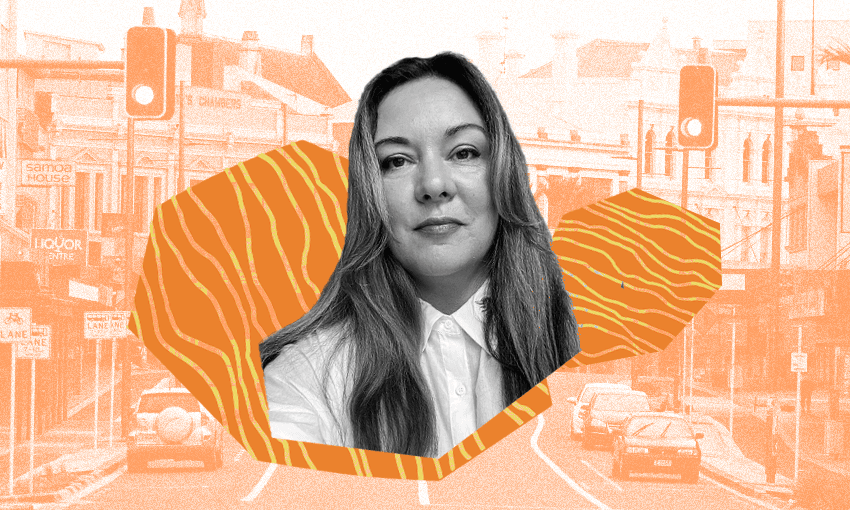 A photo of Anya Vitali, the Cross Street Music Festival founder, superimposed over an image of Auckland's Karangahape Road.