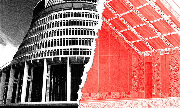 A collage showing the NZ government's home of the beehive, shown here next to a wharenui to represent the idea of a Māori parliament.