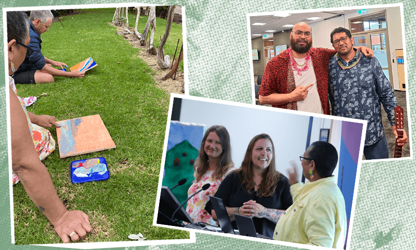 From left to right: The community paints, Fay Purdie-Nicholls and Benny Marama, two of the artists supported by Whiria te Tāngata. (Photos: Supplied) 
