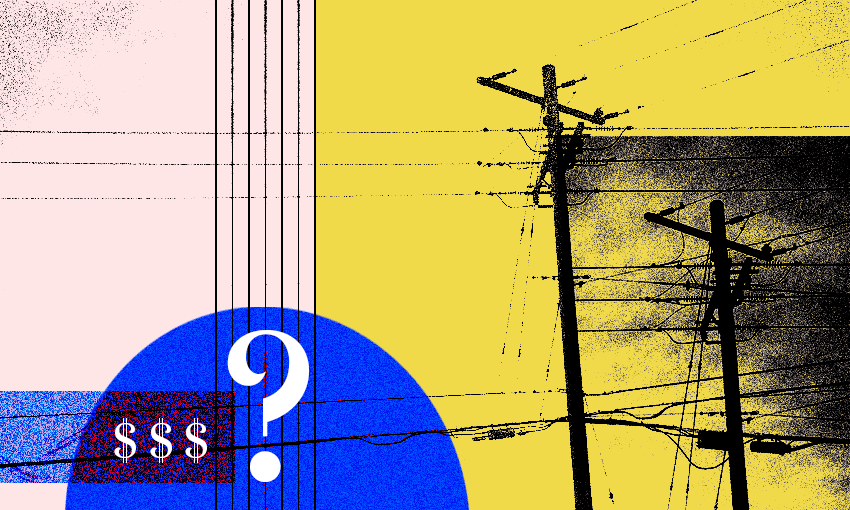 a yellow and blue background super imposed over some electricity lines with a sinsiter vibe, a dollar sign and a question mark