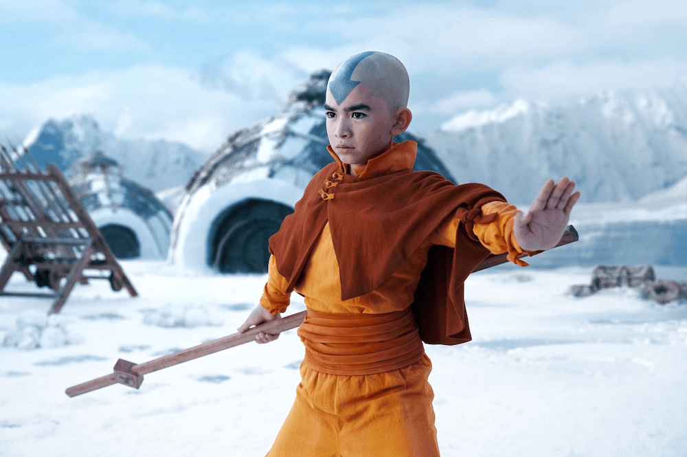 In some scenes, like this one in the icey southern water tribe, live-action Aang can look a bit out of place.