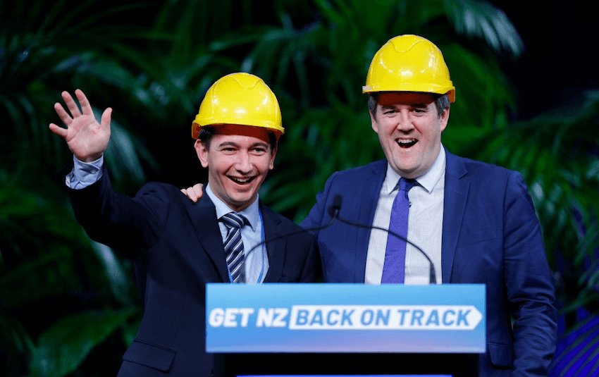 National's Simeon Brown (L) and Chris Bishop (R) during the election campaign