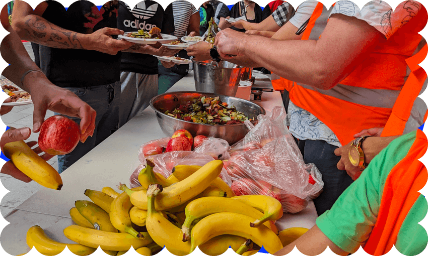 a big pile of bananas and people dishing up food