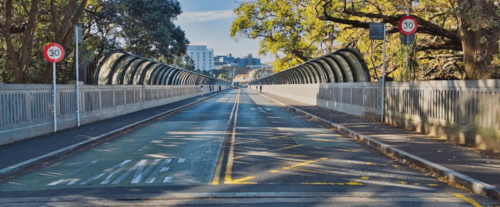 A picture of Auckland's Grafton Bridge, which is a great place to have a chat with a fellow cyclist while waiting for a green light.
