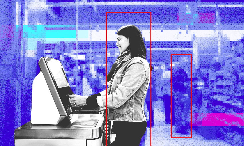 a supermarket checkout where a woman in grey smiles as she scants her card - bunt there is a red box behind her and a threatening vibe, like she's being watched