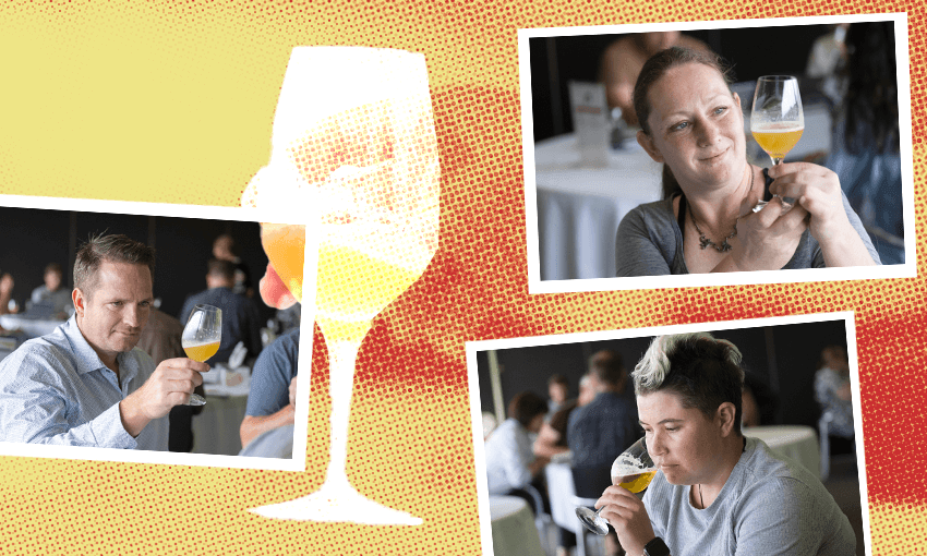 Clockwise from left, judges Jody Scott, Emma Bell and Charlotte Feehan at the New World Beer & Cider Awards (Photos: Supplied; design by Tina Tiller) 
