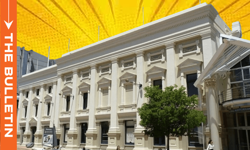 Wellington Town Hall (Photo supplied, additional design by The Spinoff) 
