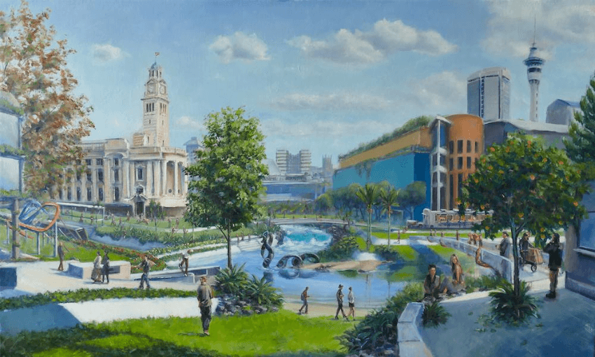 A painting by Christopher Dews showing his idea of what Auckland will look like in the future. The scene shows Queen Street, with Town Hall and the Sky Tower in the background, with the Waihorotiu awa brought back above ground to cover what in our time is just a roadway.