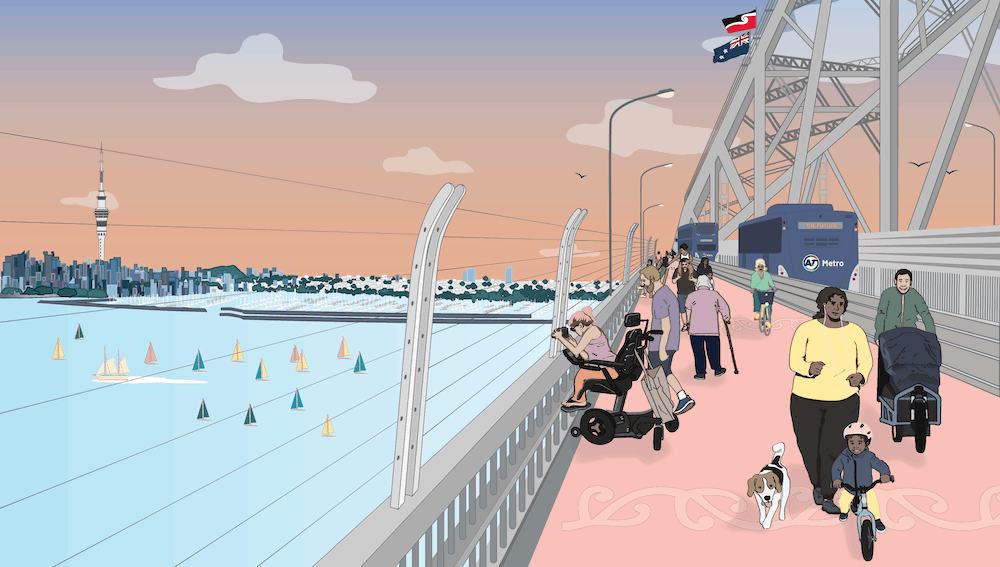 An artists depiction of what a cycling and walking connection across the Auckland Harbour Bridge might look like.