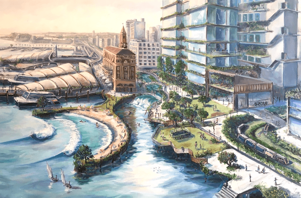 A redeveloped Waitematā waterfront precinct, which features more greenery, zero-cars and a harbour so clean that people can swim in it right here at the bottom of the city. (Painting: Christopher Dews)