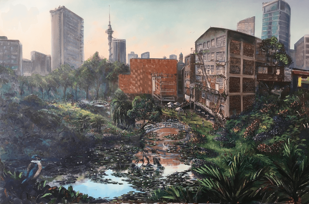 A painting by Chris Dews showing the bottom/northern end of Myers Park taken over by the Waihorotiu awa.