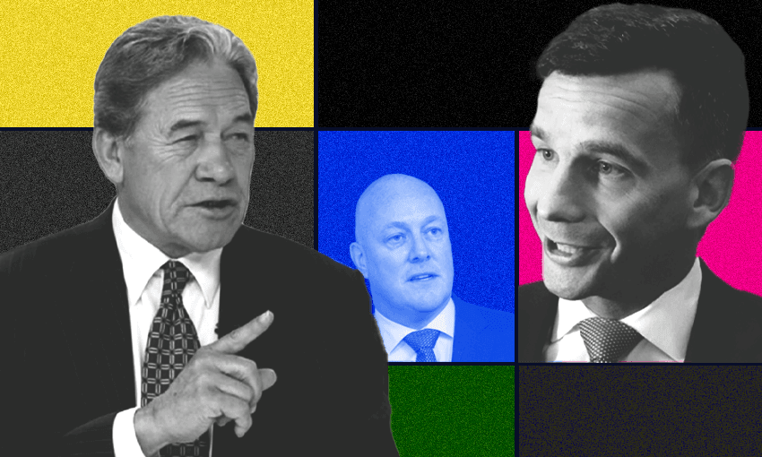 A collage-style image shows three men in suits against colorful, segmented backgrounds: one man in the foreground gestures while talking, two others are in smaller colored boxes behind him, facing different directions.