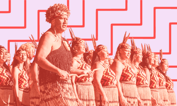 A kapa haka team from Te Whānau a Apanui, including Rawiri Waititi, compete at February’s Mātaatua regional competition. (Photo: Te Matatini. Additional design: The Spinoff) 

