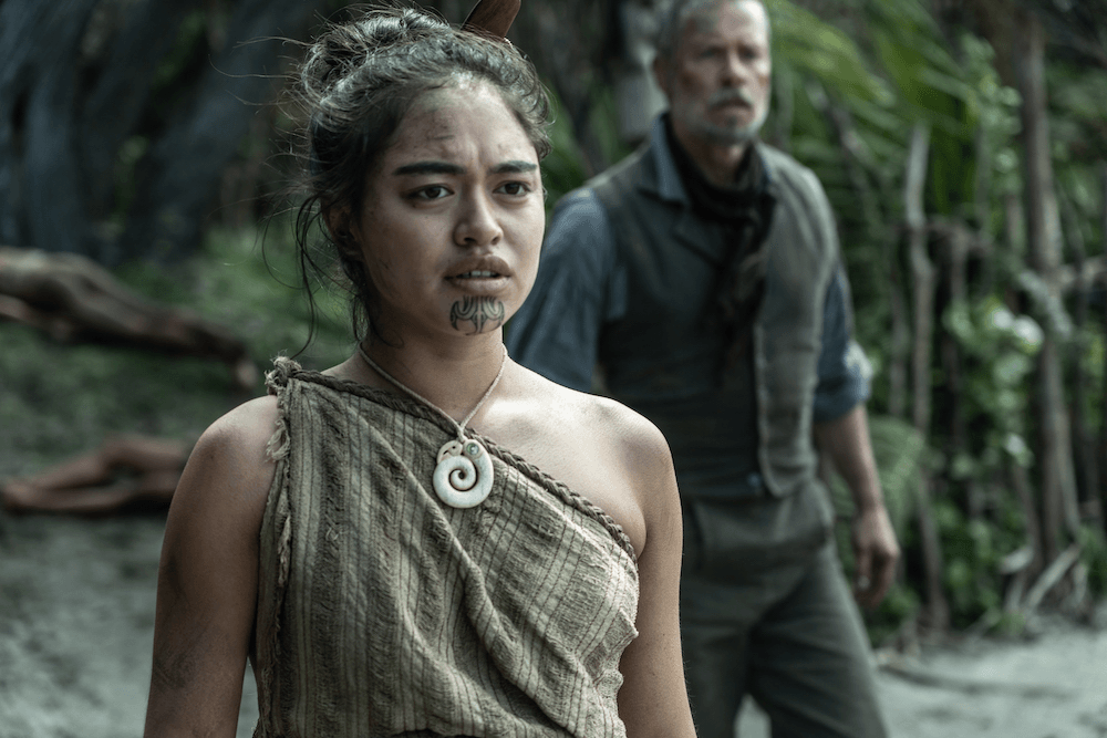 Tioreore Ngatai-Melbourne on-set, with Pearce behind her.