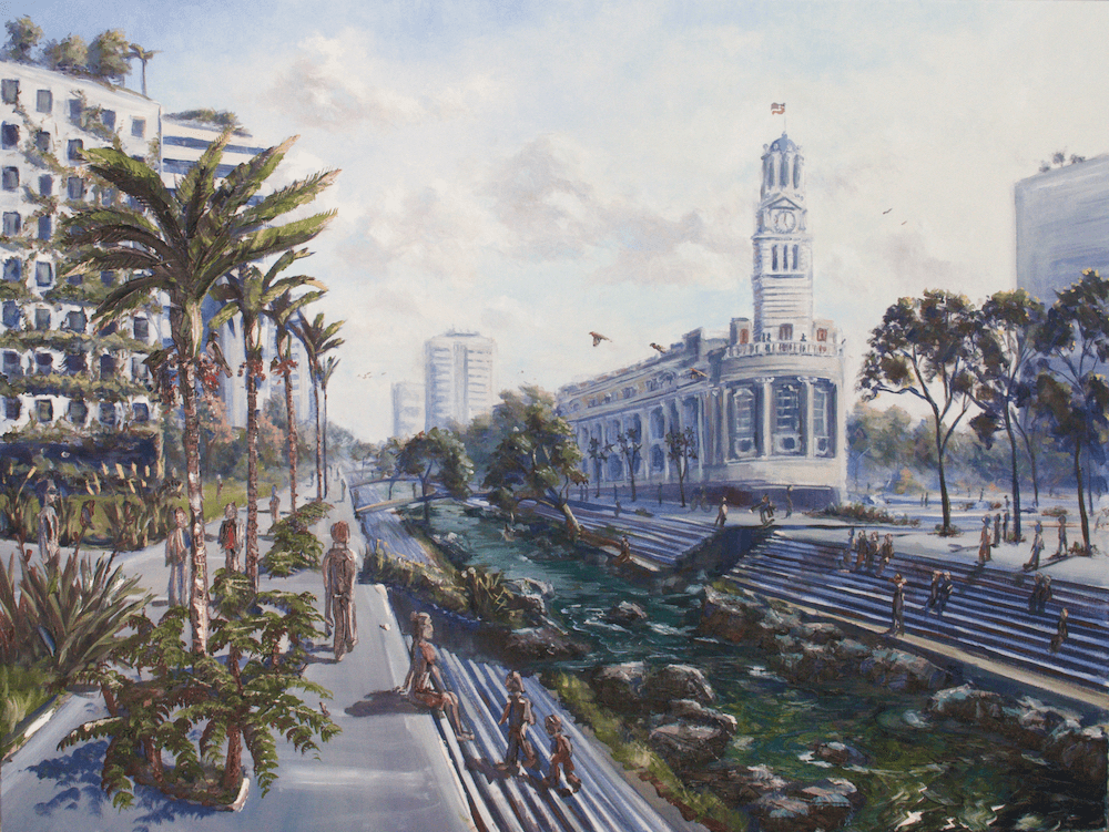 Queen Street, shown here right in front of Auckland Town Hall, overrun by the channel of the Waihorotiu awa which takes up where the road used to be.