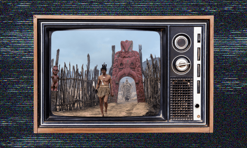 A TV shows a scene from The Convert where a rangatira walks in front of the waharoa of his pā.