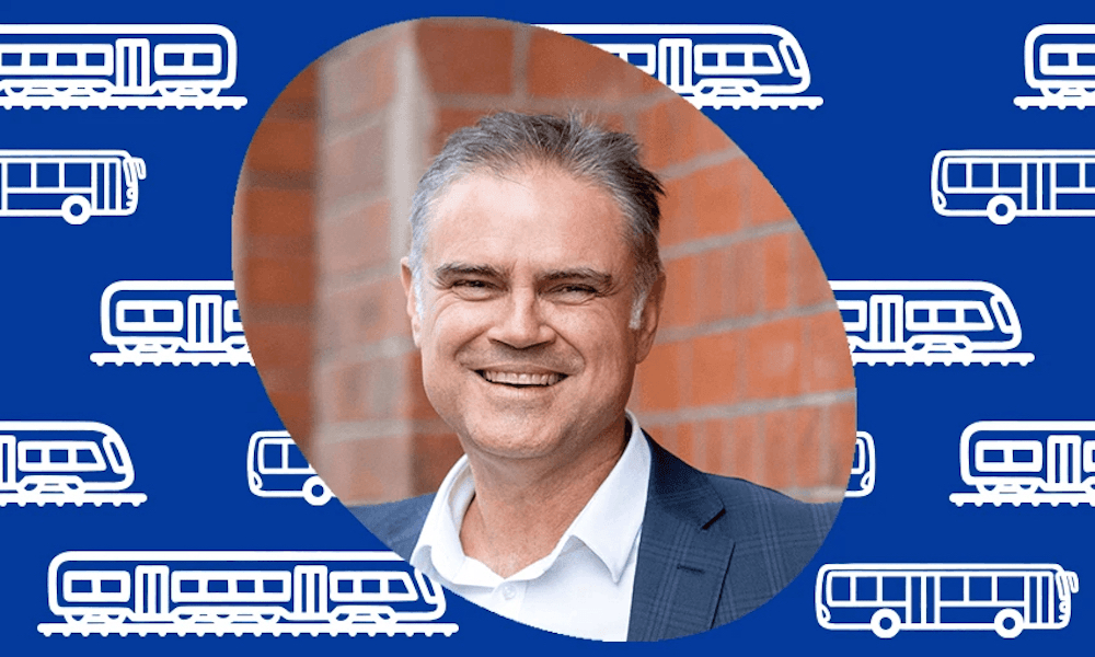 A headshot of the Auckland Transport boss Dean Kimpton superimposed over a background of buses and trains.