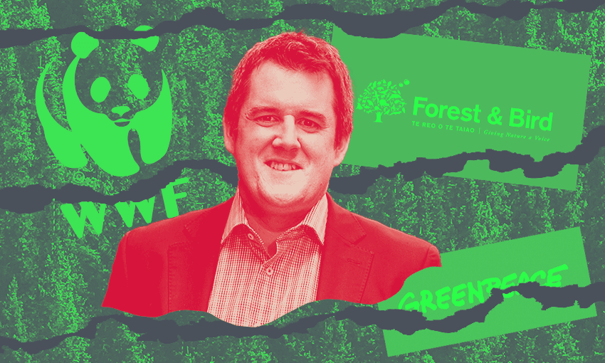 a red toned chris bishop with the logos of foest and bird and greenpeace and WWf behind him