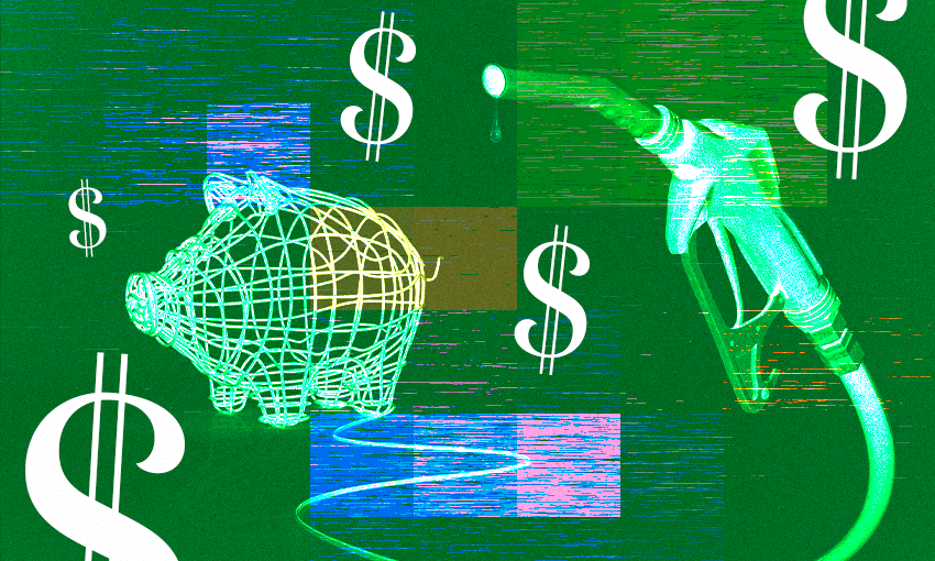 green background, dolar sign, an oil pump and a piggy bank in the background with cool colours