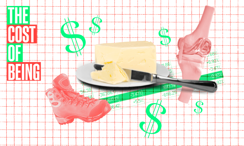 a checked red an whicte background with dollar signs, a lump of butter, a tramping boot and a knee joint