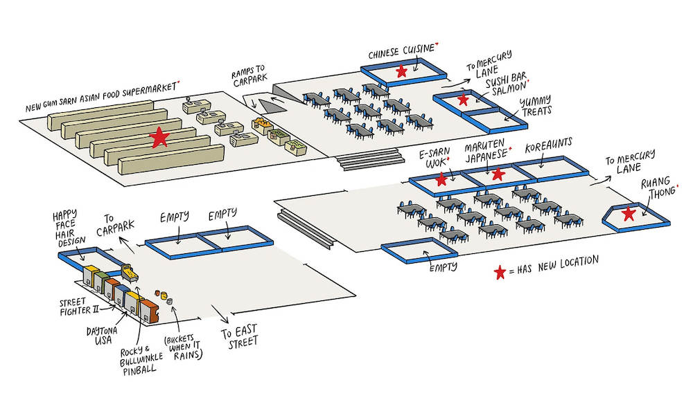 A beautiful map drawn my Toby Morris showing the floor plan of the now-demolished Mercury Plaza Asian food court. 