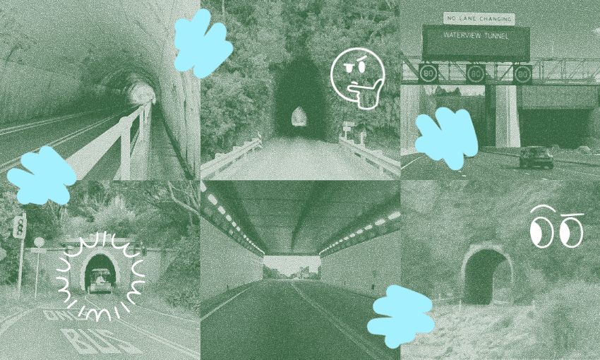 Grid of six photos of different tunnels in New Zealand including the Kaori tunnel and the Waterview tunnel. Has been colourised green