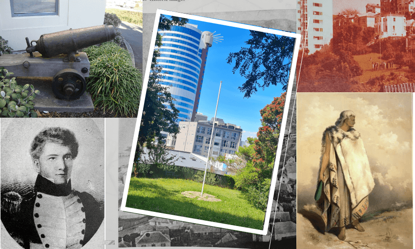 Flagstaff Hill (centre), a cannon used in the Wairau Affray (top left), Arthur Wakefield, who was killed in the Wairau Affray (bottom left), Flagstaff Hill circa 1980 (top right), Te Rangihaeata, who European settlers attempted to arrest in Wairau (bottom right).
