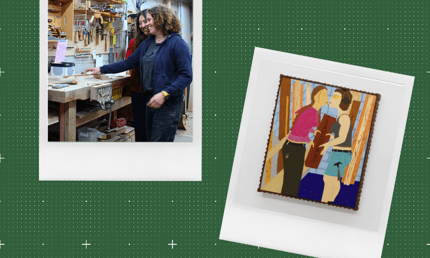 Claudia Kogachi and Josephine Jelicich in the studio, and Selecting Wood, Claudia Kogachi, 2024.