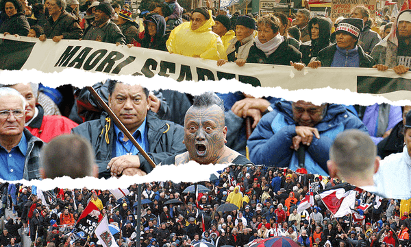 Scenes from the hīkoi to parliament, including Tāme Iti issuing a challenge to politicians, May 5, 2004 (Photos: Getty Images) 
