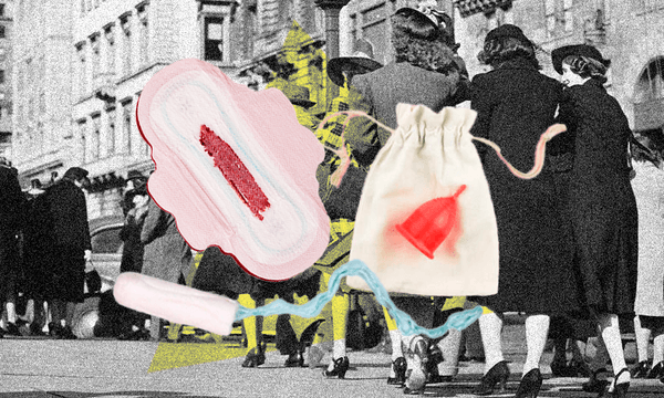 Periods and menstrual products have changed heaps over the years (Image: Getty, additional design: Tina Tiller) 
