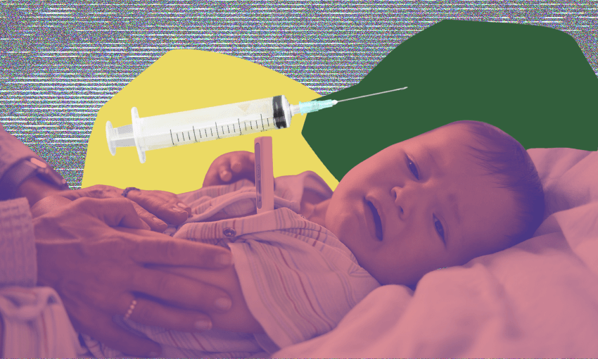 a pink-toned baby looking unwell with a shot in the background